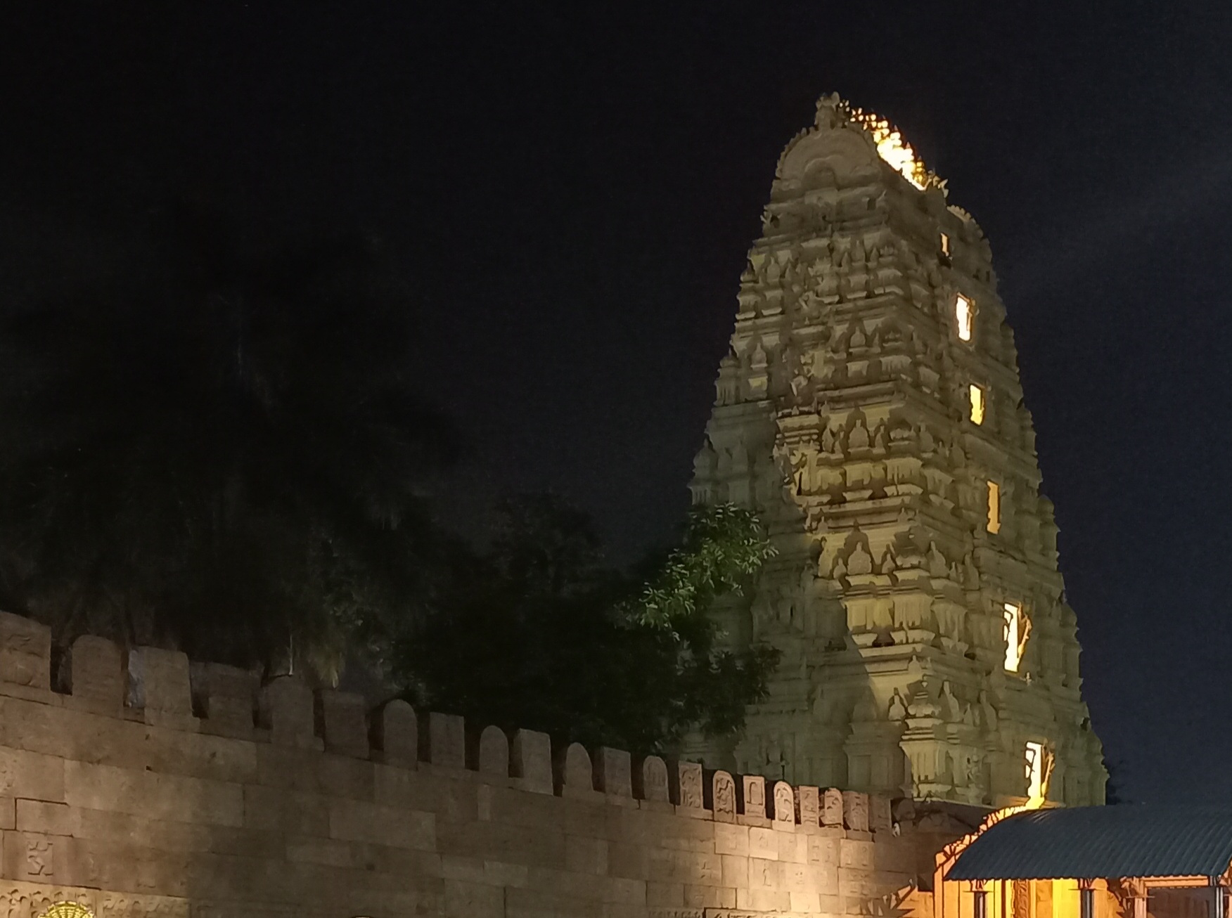 Srisailam Mallikarjuna Jyotirlinga temple gopuram at night