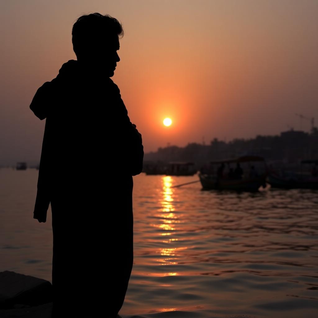 Silhouette of a pilgrim standing at the ghats of Varanasi at sunrise, folded hands, boats in soft light