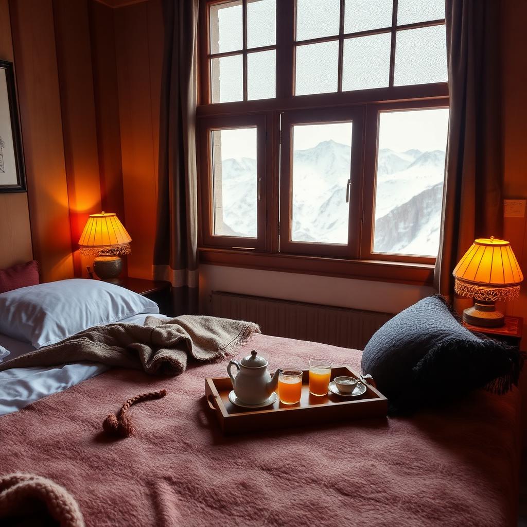 A warm heritage guesthouse room in the Himalayas with wool blankets, oil lamps and a tray of hot tea near a window overlooking snow peaks