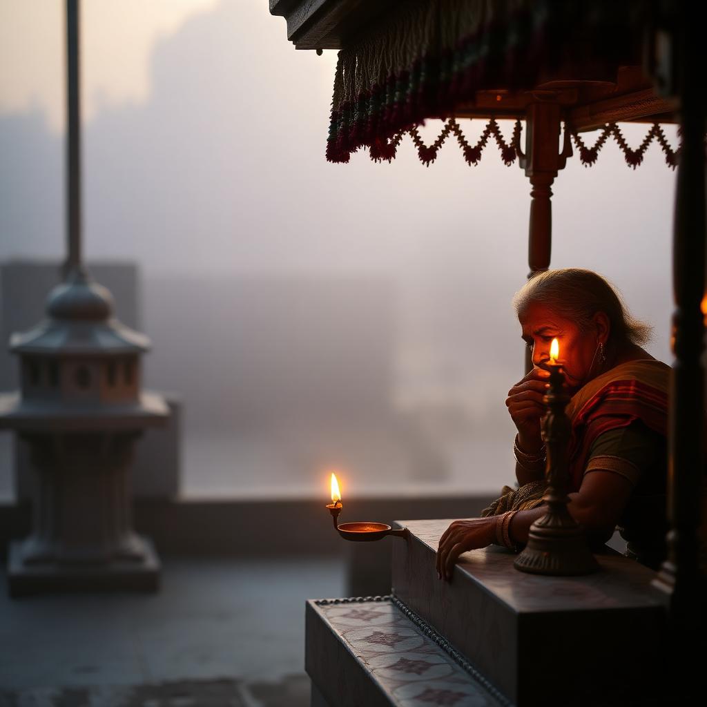 An elderly woman lighting a diya at a small temple altar at dawn, soft mist in the background